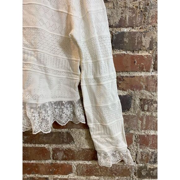 Emerson Lane Young Contemporary White Crochet Lace Button Down Sweater Cardigan - Picture 5 of 10